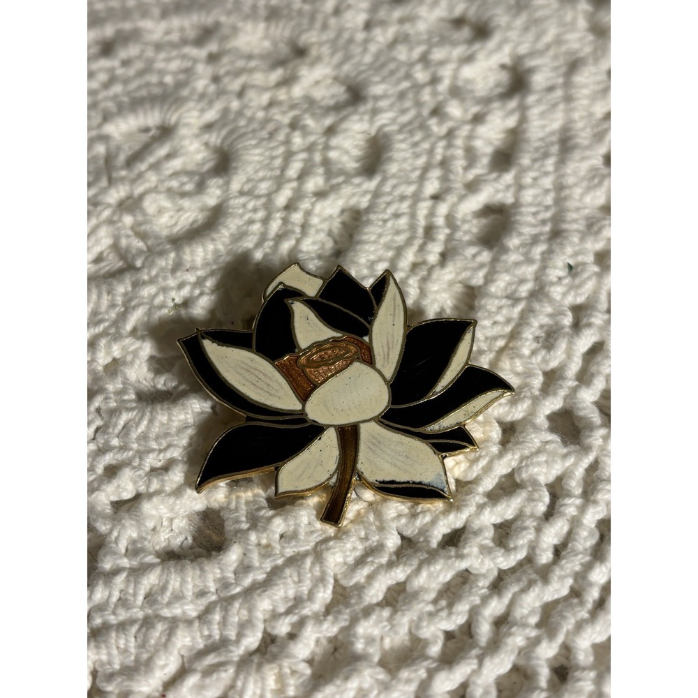 1980s Black And White Enamel Rose Pin